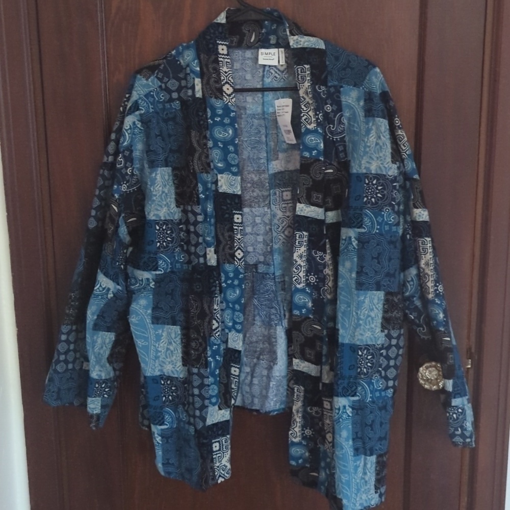New with Tags Simple Suzanne Betro Blue Patchwork Bohemian Open Cardigan Size 1X
